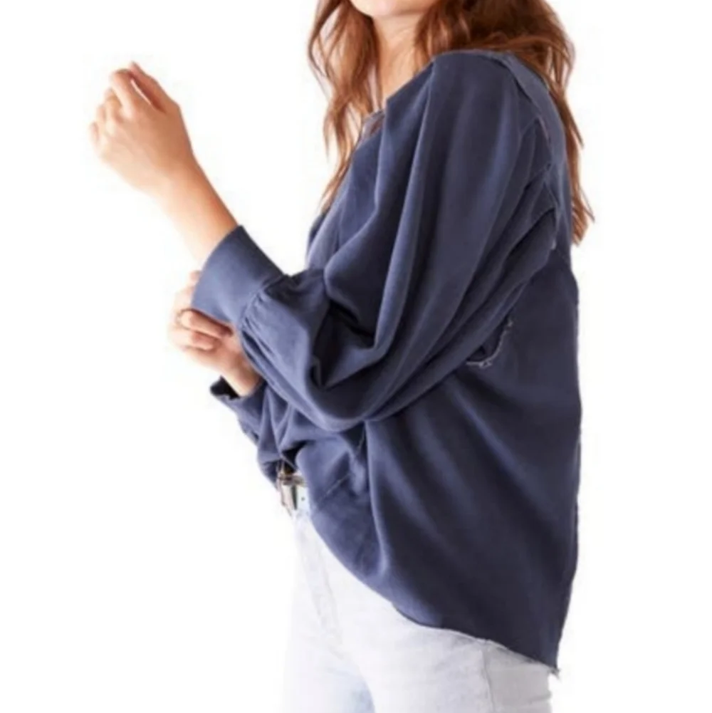 Free People We The Free Rosey Navy Blue Distressed Fleece Oversized Sweatshirt